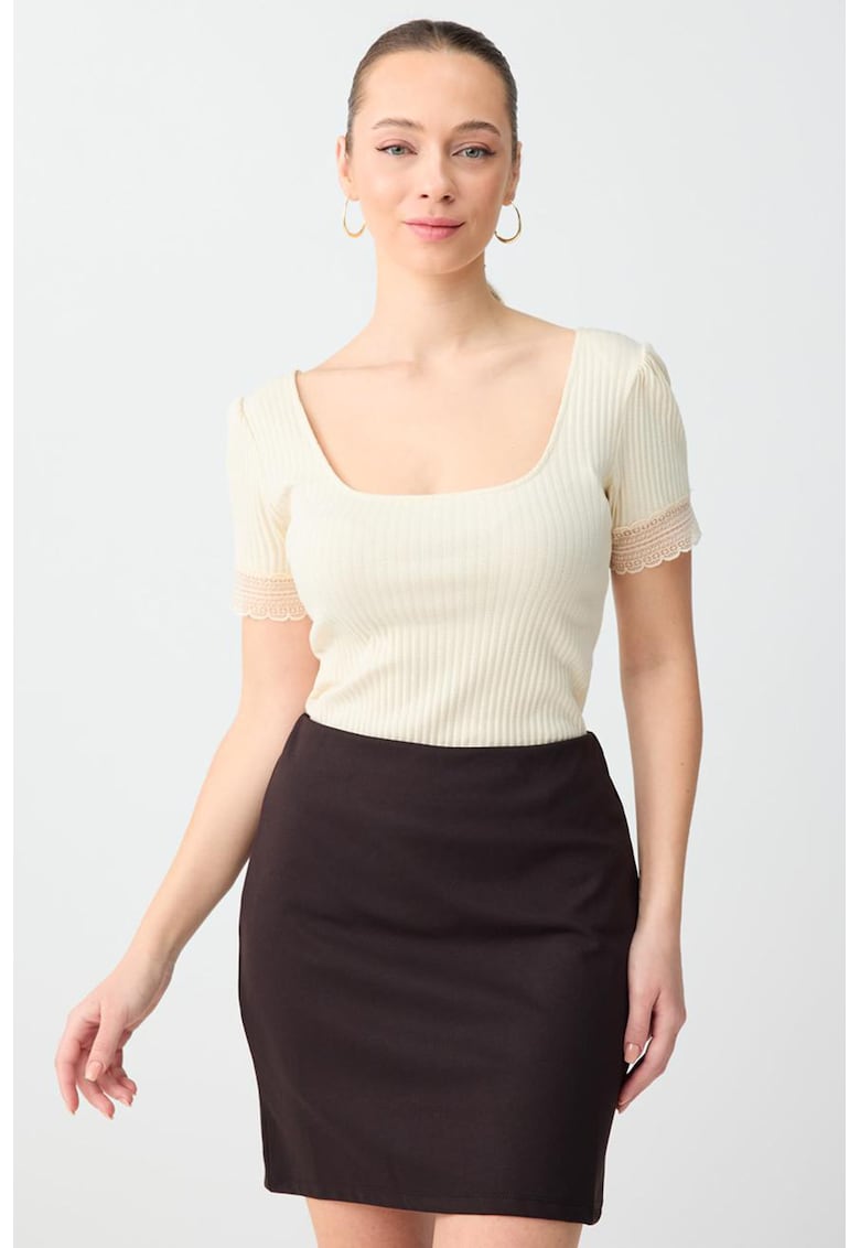 Tricou din amestec de modal cu dantela - Alb fildes