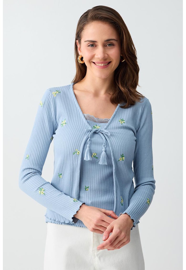 Cardigan striat cu broderie florala - Galben/Albastru lavanda/Verde aquamarin