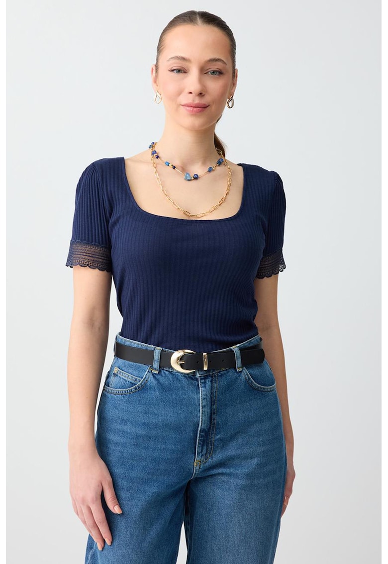 Tricou din amestec de modal cu dantela - Bleumarin
