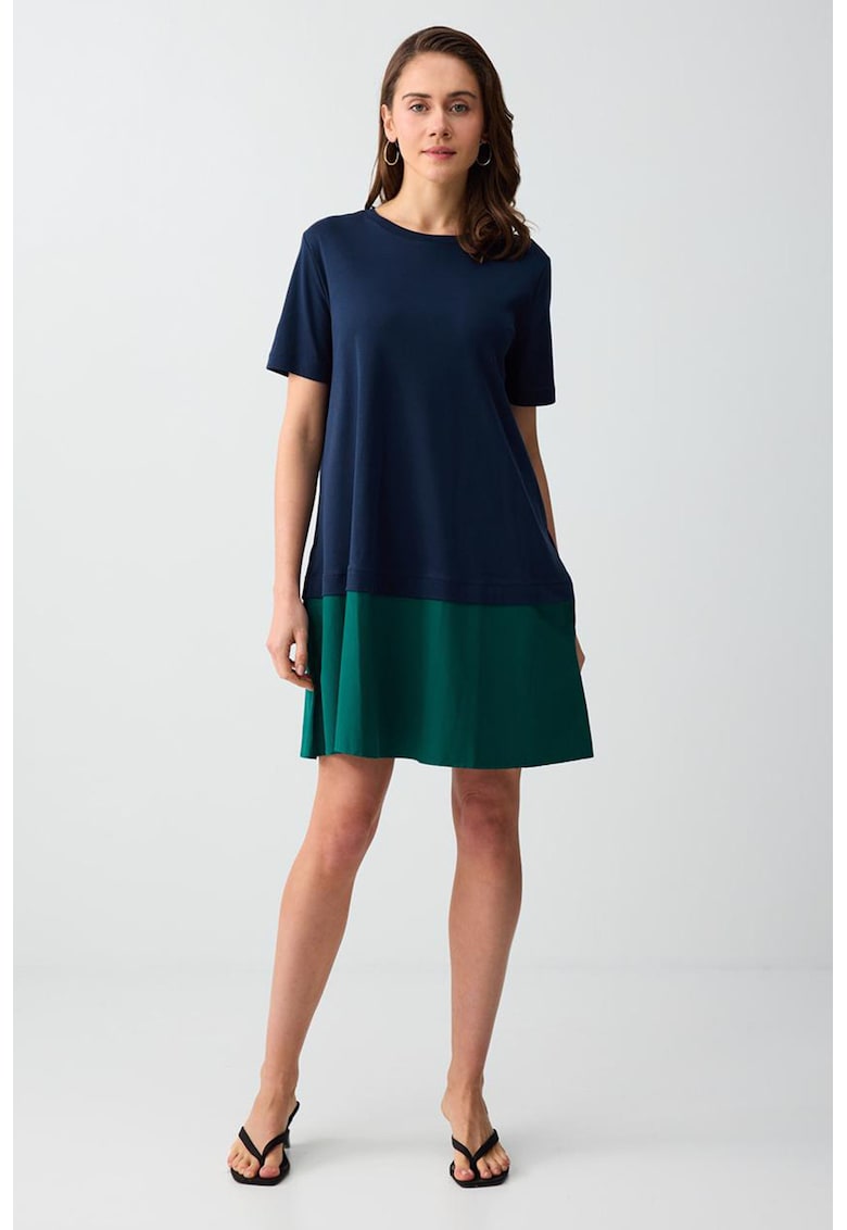 Rochie de bumbac cu model colorblock - Verde englez/Bleumarin