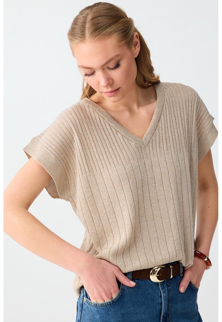 Bluza cu decolteu in V si lurex - Maro camel