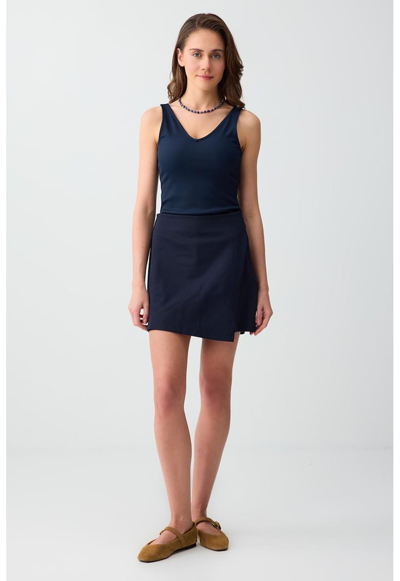 Fusta-pantalon cu talie inalta si model uni - Bleumarin