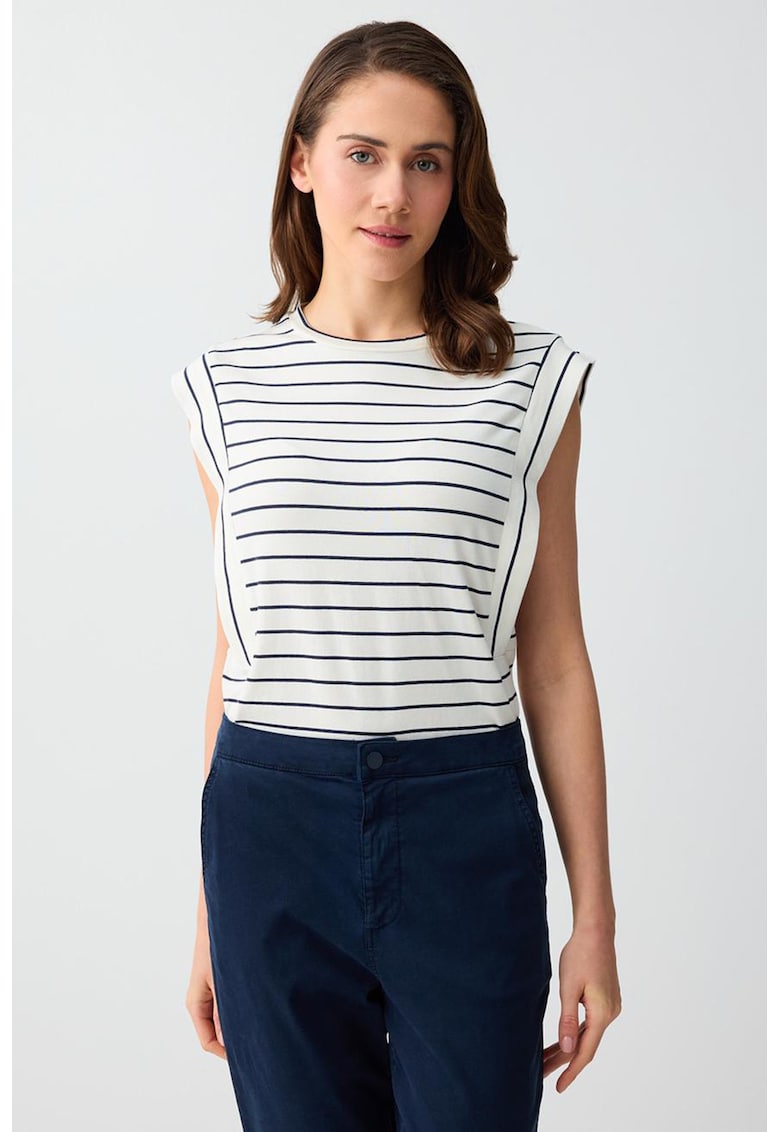 Tricou cu decolteu la baza gatului si model in dungi - Alb/Bleumarin
