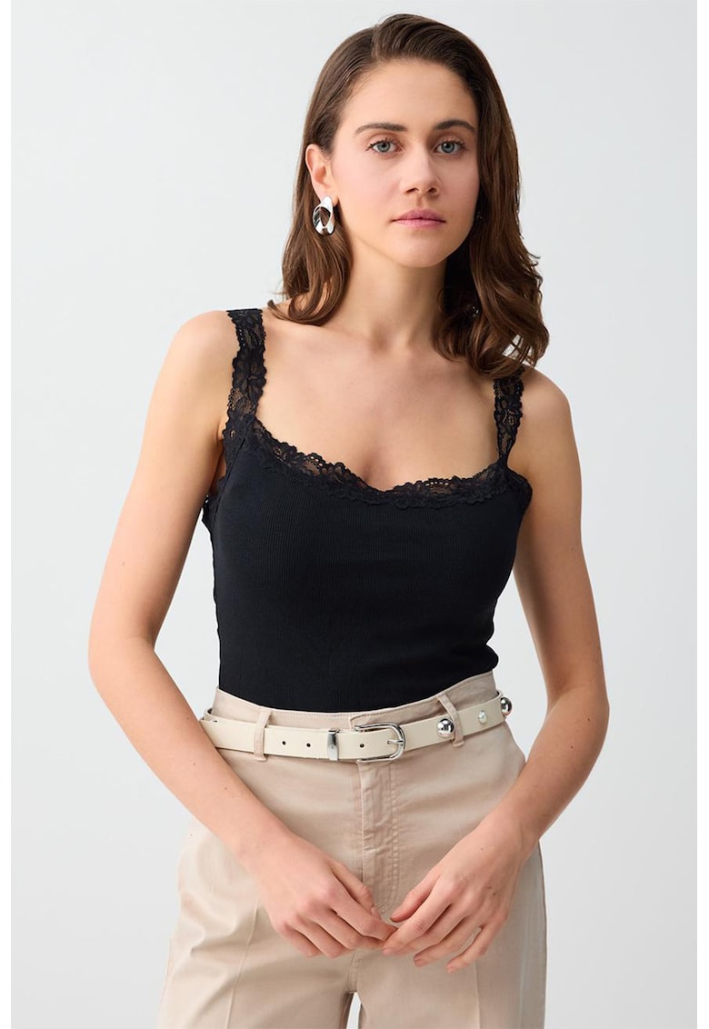 Top din amestec de modal cu garnituri de dantela - Negru