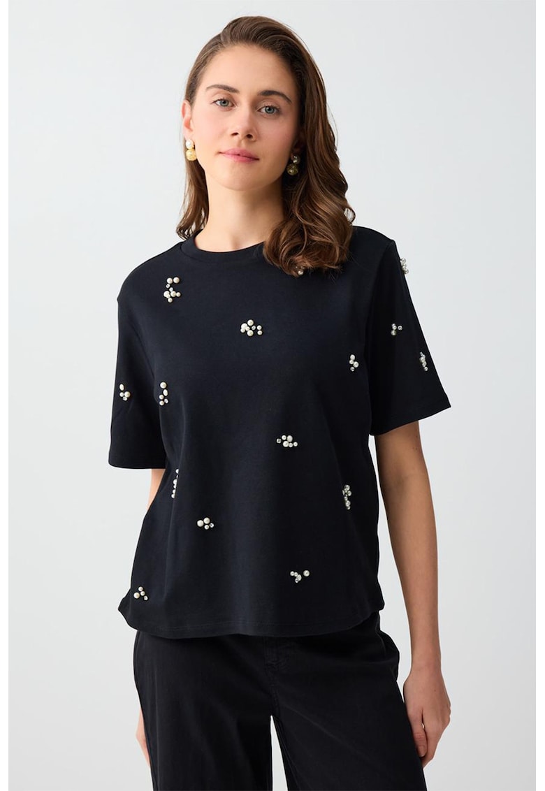 Tricou din bumbac cu perle sintetice - Negru