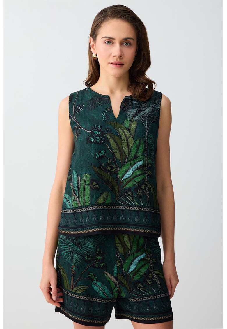 Bluza din amestec de in cu model tropical - Verde padure