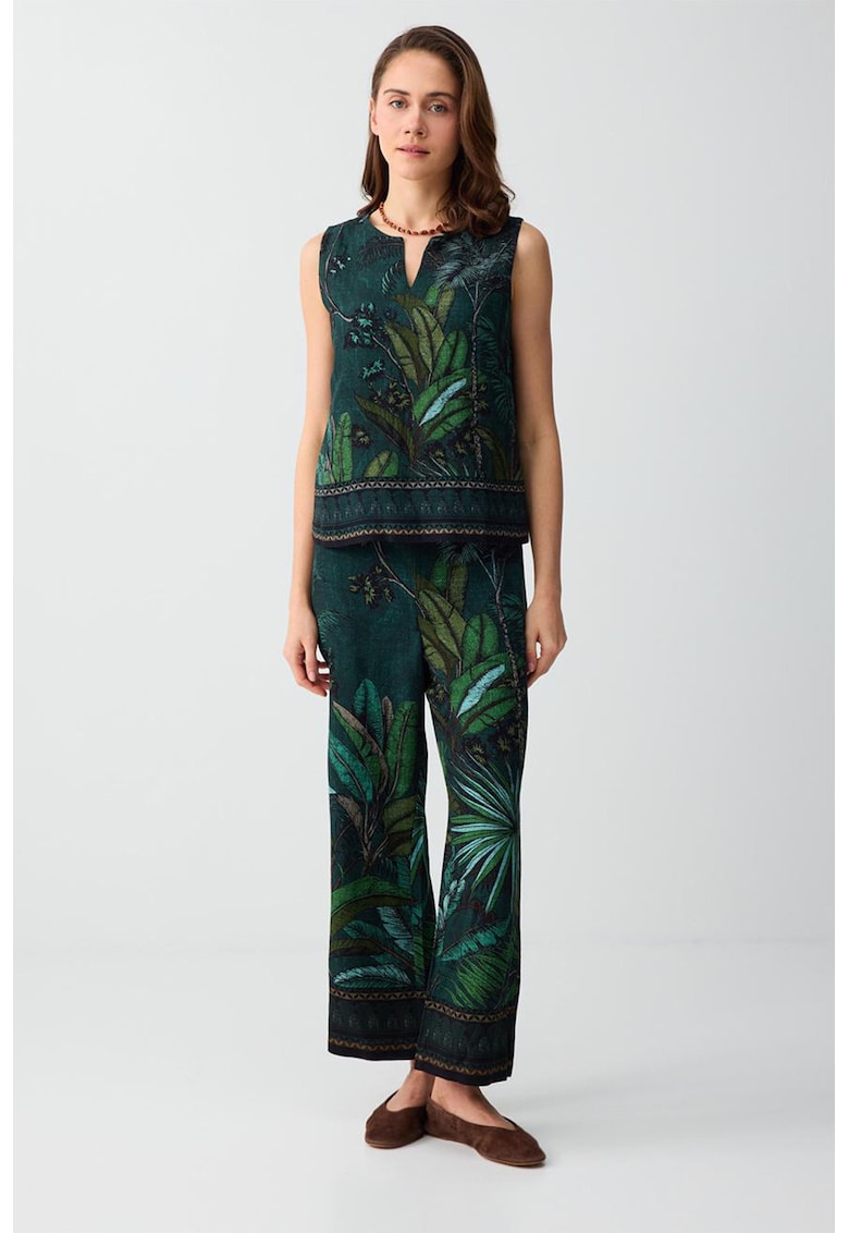 Pantaloni drepti din amestec de in cu model tropical - Verde padure