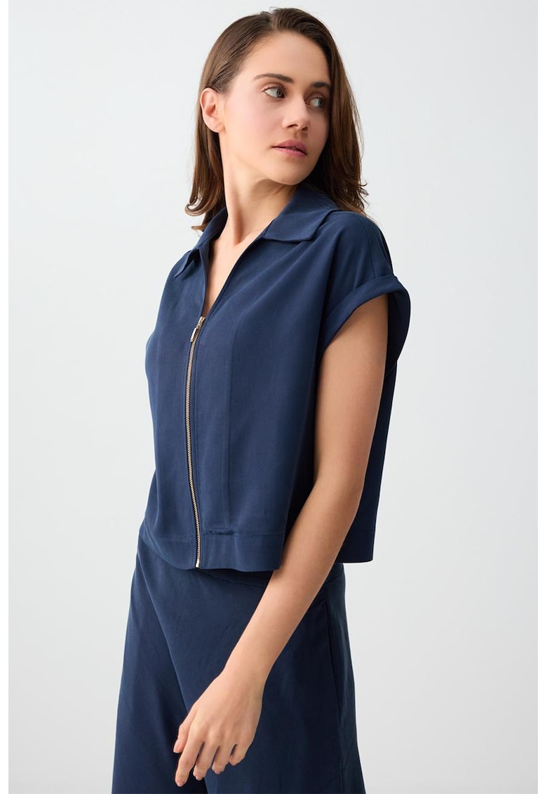 Tricou din lyocell cu guler si fermoar - Bleumarin