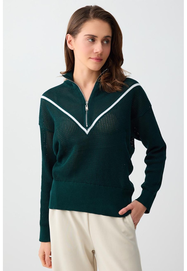 Pulover relaxed fit din tricot cu fenta cu fermoar - Verde padure