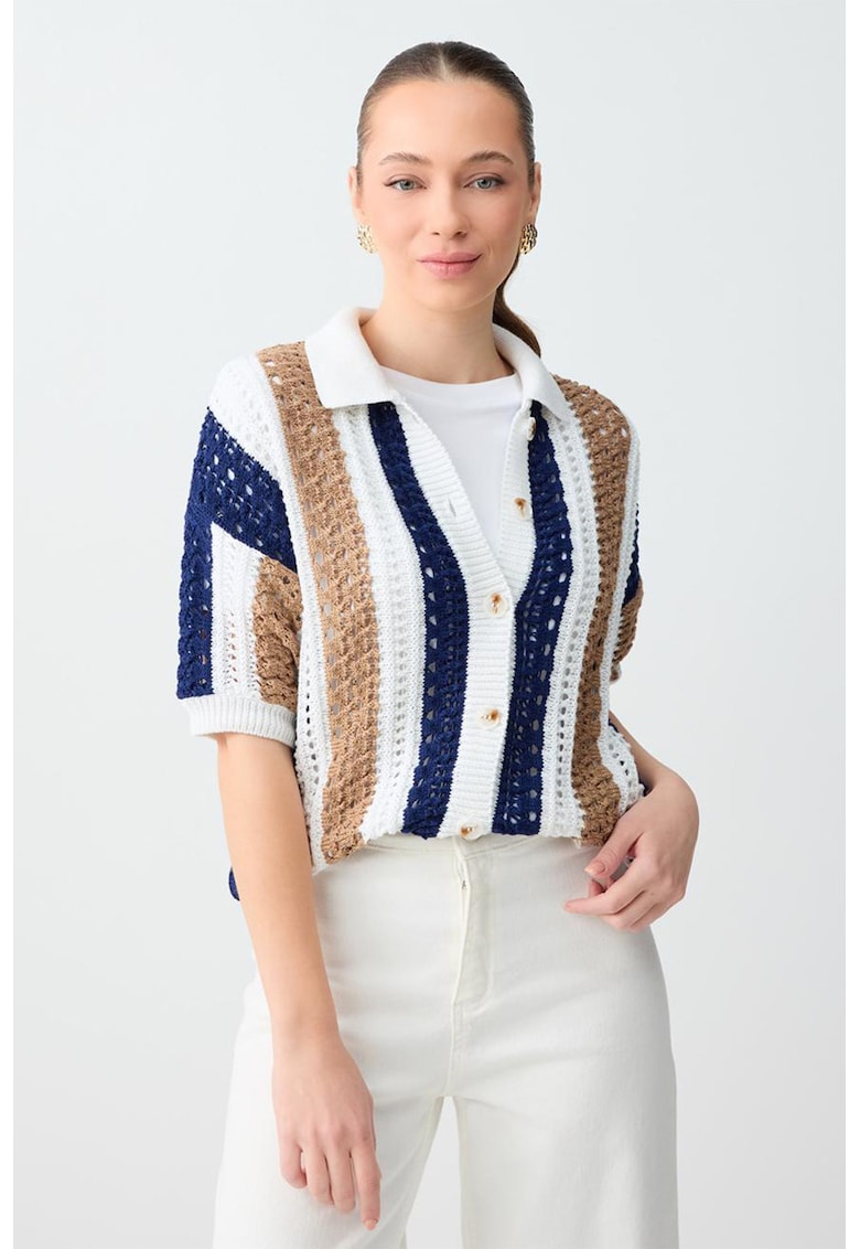 Cardigan cu perforatii - Alb/Bej/Bleumarin