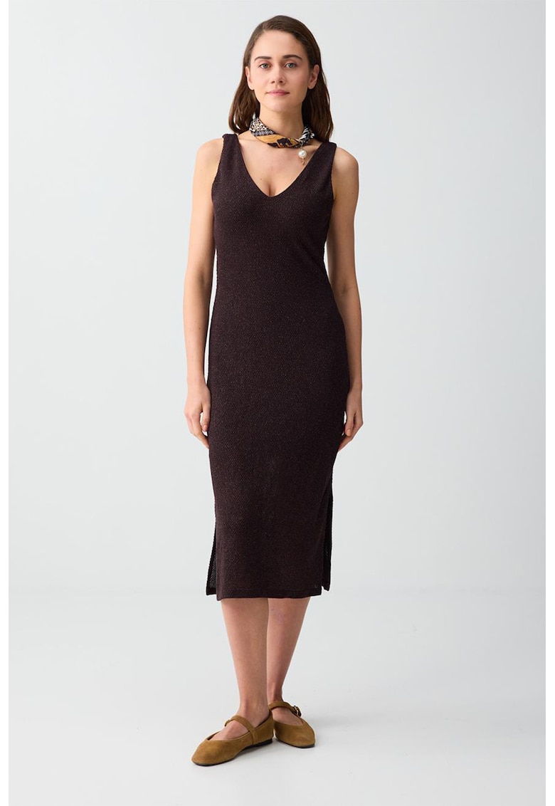 Rochie midi cu decolteu in V - Maro inchis