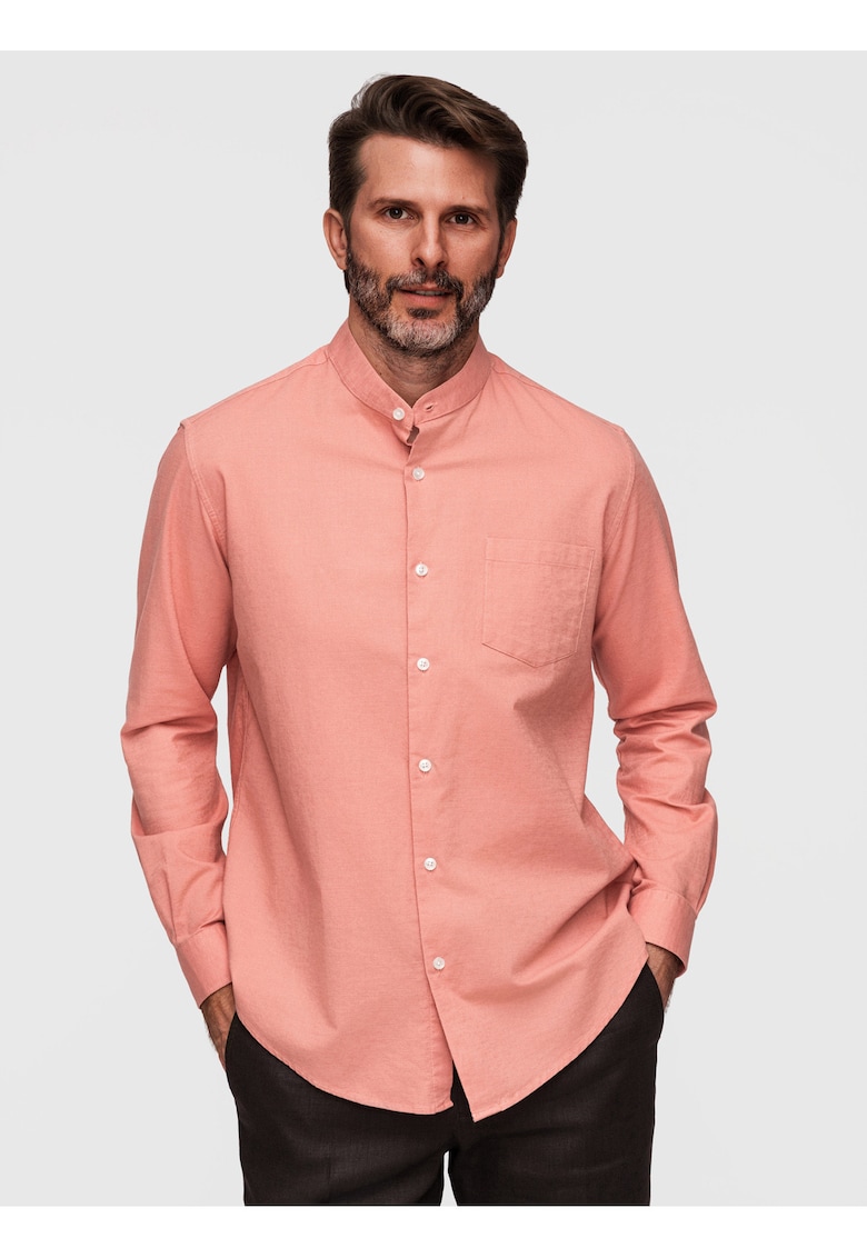 Camasa barbati in si bumbac Regular Fit cu guler tunica - Roz