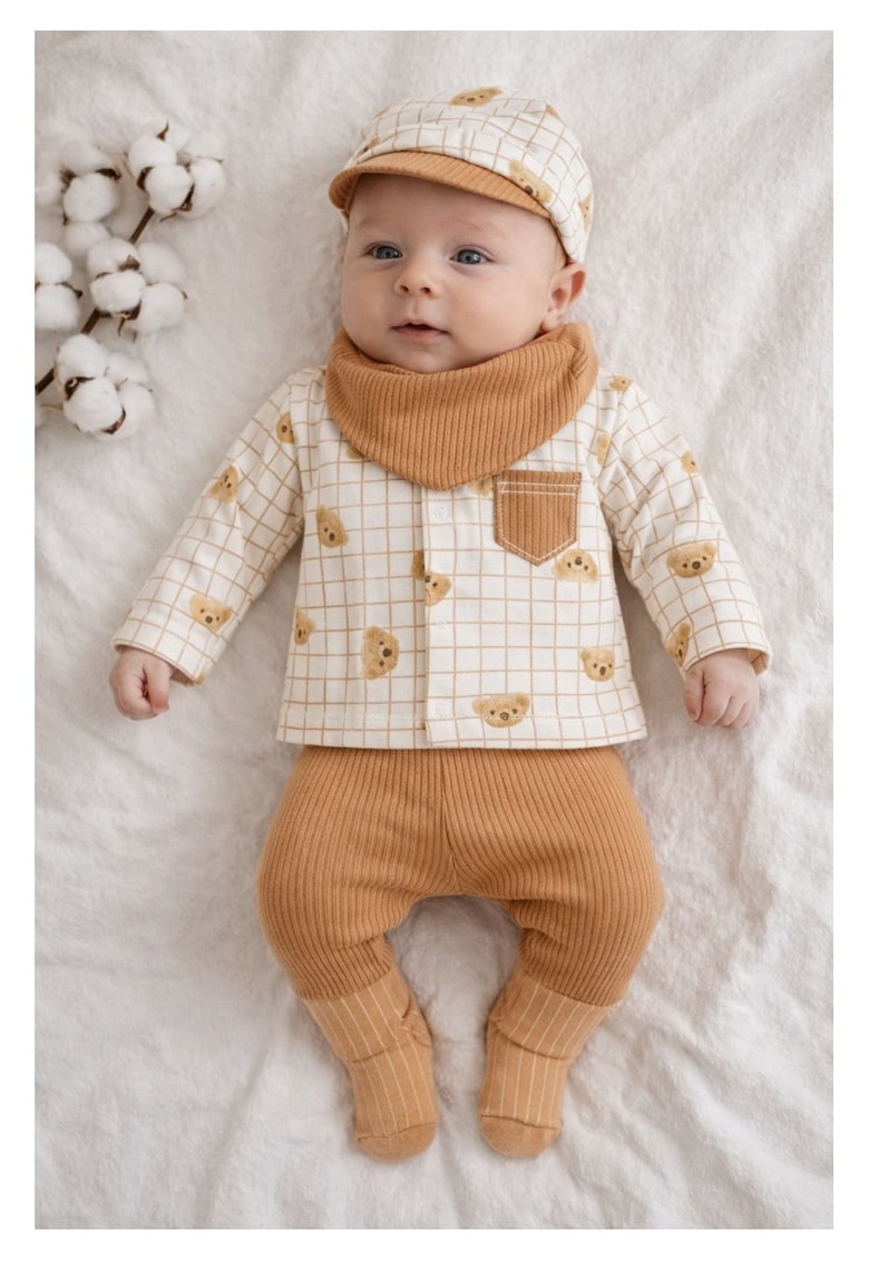 Set bebe baiat 5 piese din bumbac bluza pantaloni botosei caciulita si accesorii - 0-3 luni