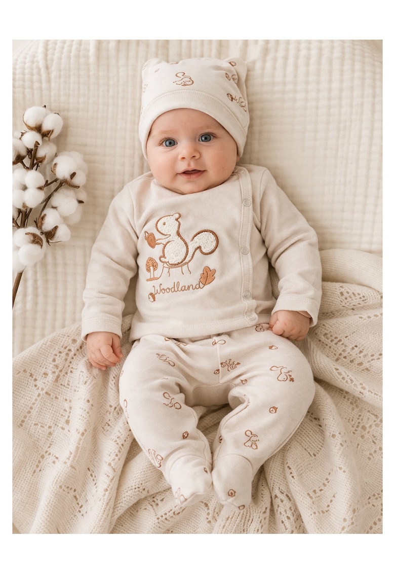 Set bebe 3 piese bumbac woodland bej - bluza pantaloni caciulita nou nascut - 0-3 luni