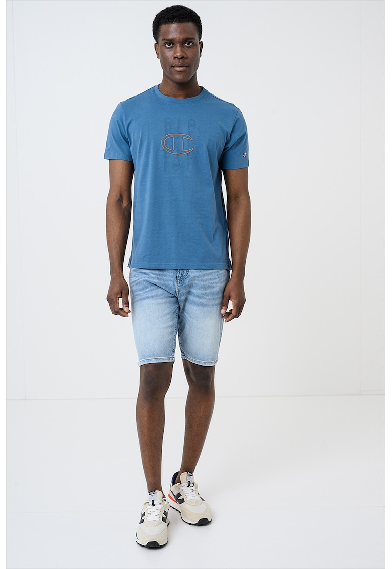 Tricou din bumbac cu imprimeu logo - Albastru prafuit