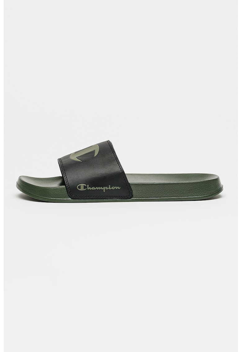 Papuci cu logo - Negru/Verde masliniu inchis