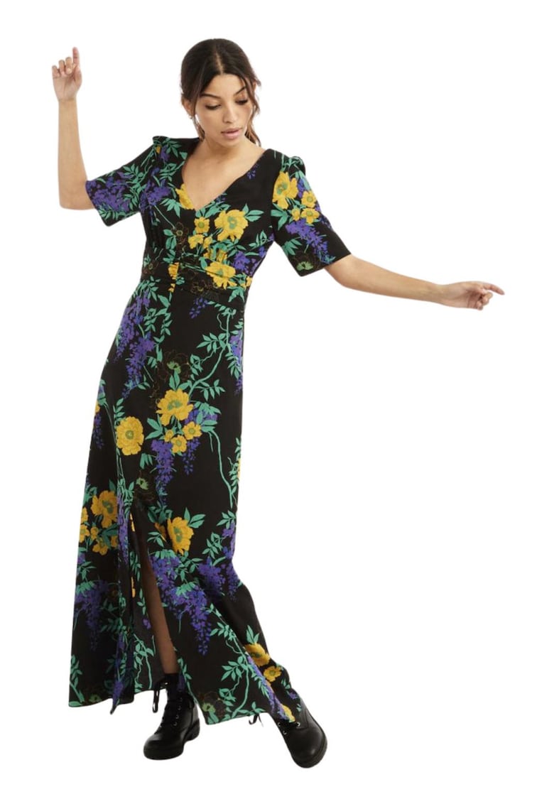 Rochie maxi cu model floral si slit frontal Lemonade -