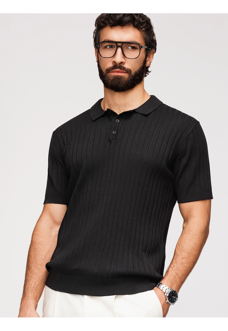 Tricou Polo Barbati Slim Fit Tricotat cu Vascoza - Negru