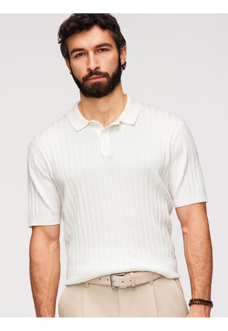 Tricou Polo Barbati Slim Fit Tricotat cu Vascoza - Alb murdar