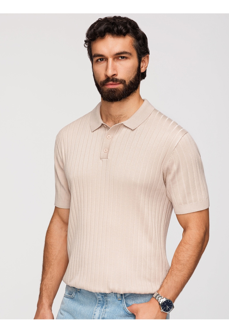 Tricou Polo Barbati Slim Fit Tricotat cu Vascoza - Bej