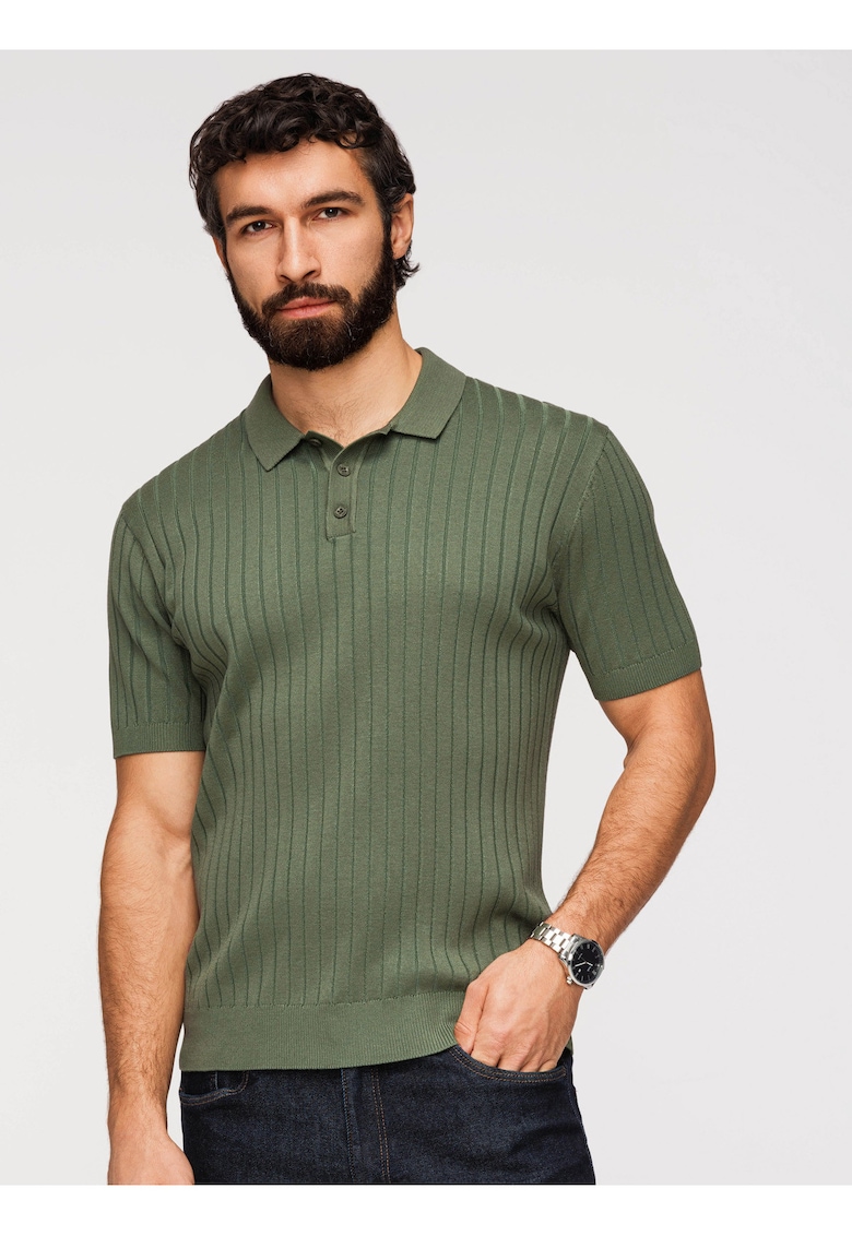 Tricou Polo Barbati Slim Fit Tricotat cu Vascoza - Verde masliniu