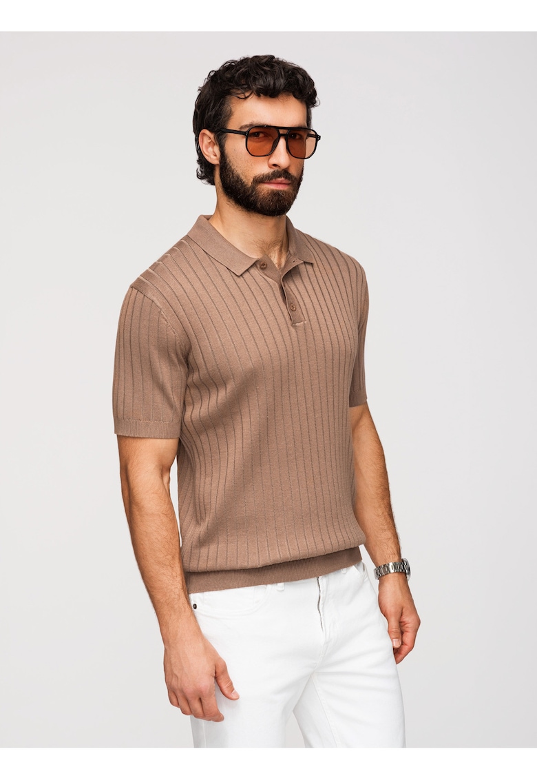Tricou Polo Barbati Slim Fit Tricotat cu Vascoza - Maro