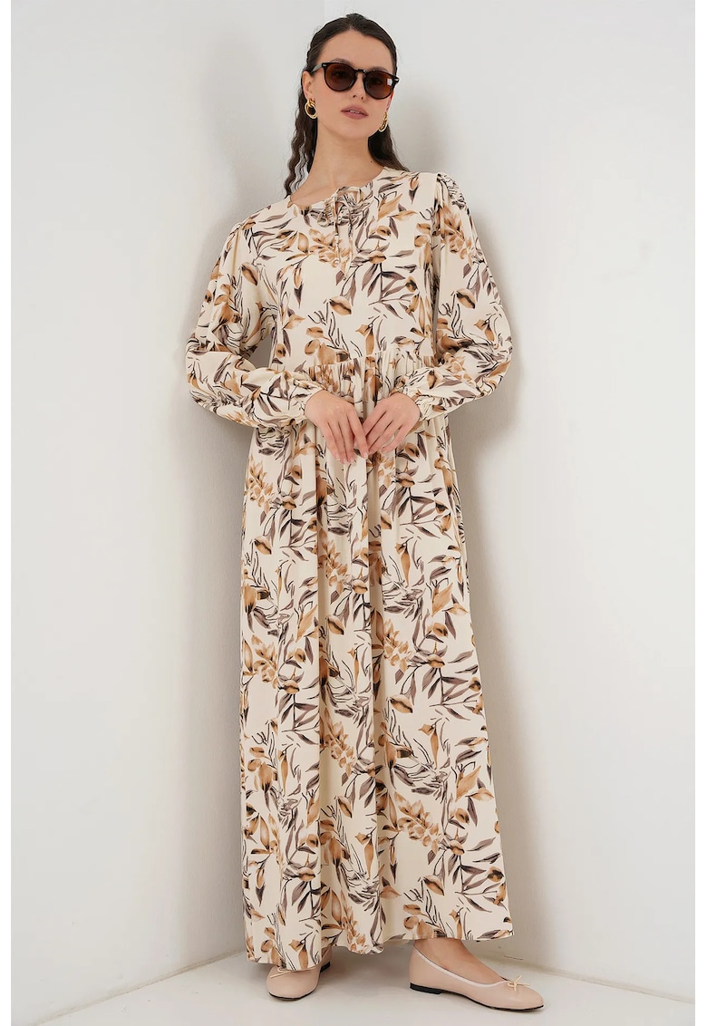 Rochie maxi detaliu cu snur - bej - maneca lunga - viscoza