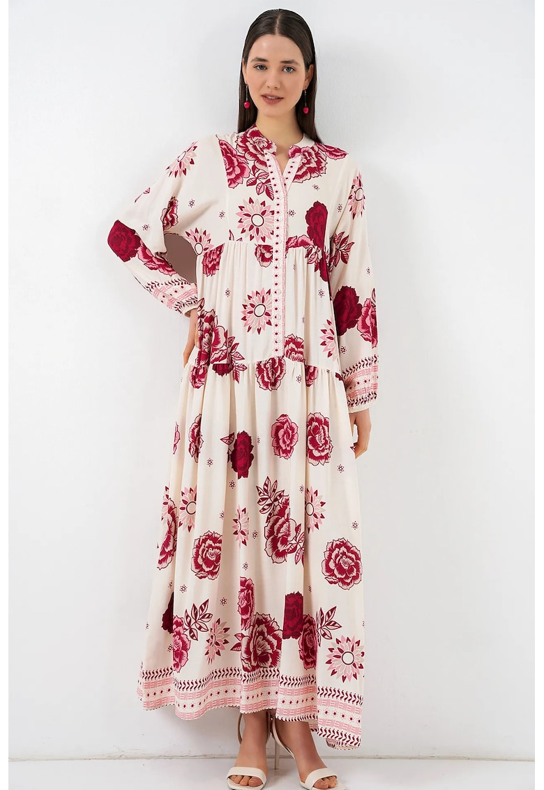 Rochie decolteu in V - rosu - viscoza - maneca lunga