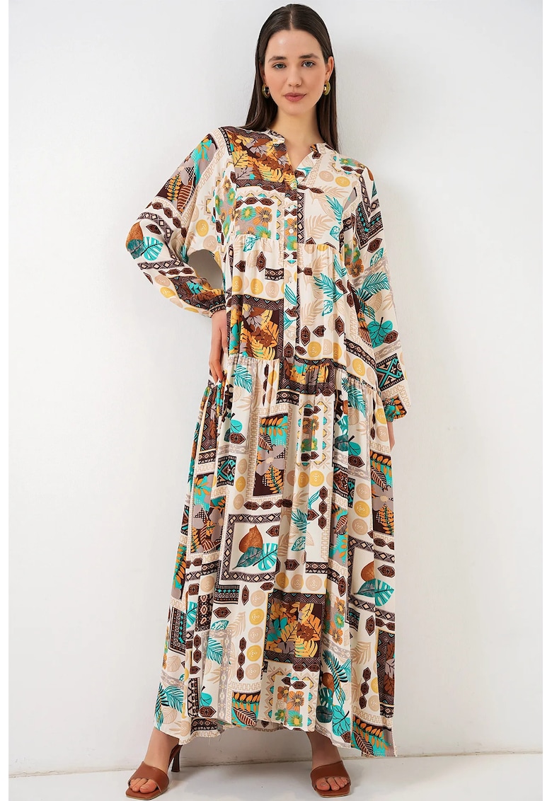 Rochie maxi decolteu in V - maneca lunga - maro - viscoza