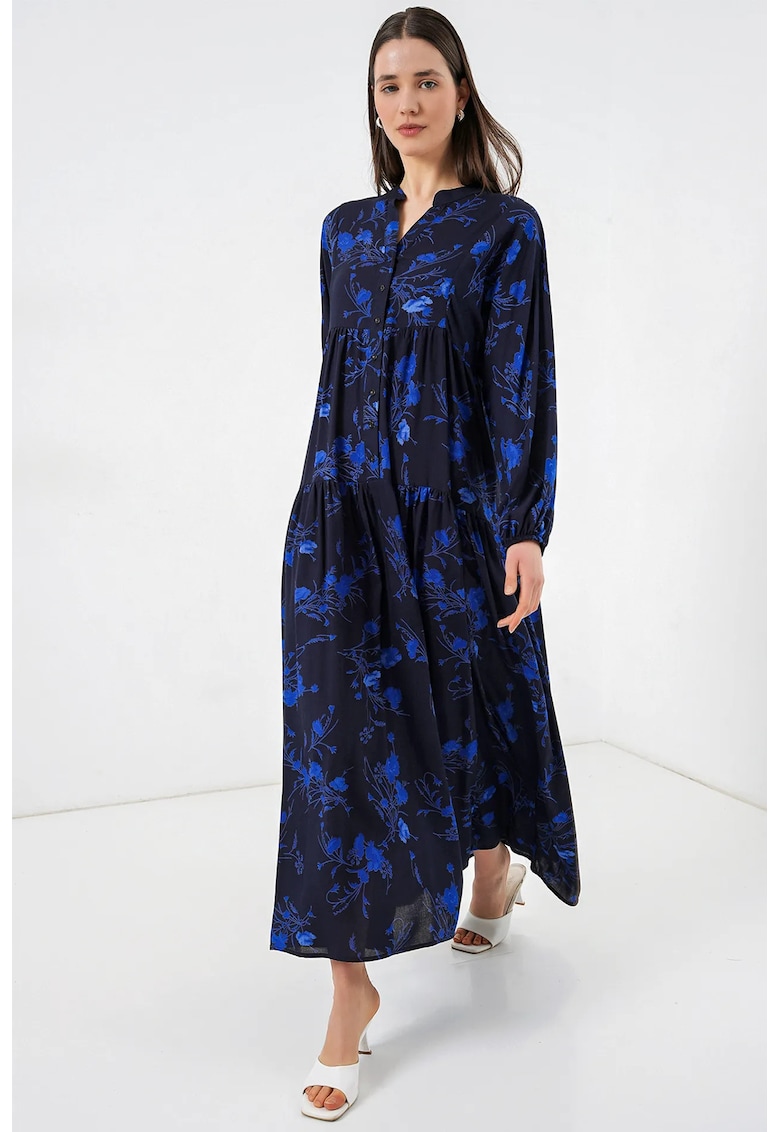 Rochie maxi decolteu in V - neagra - viscoza - maneca lunga