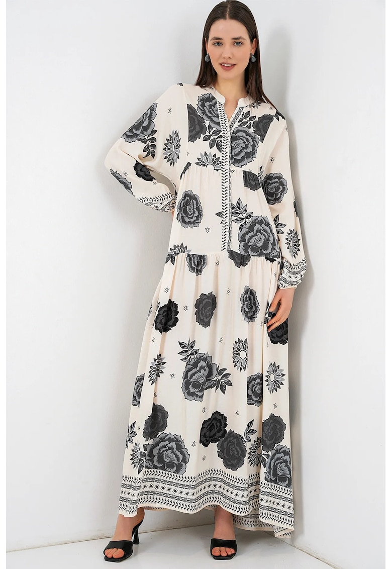 Rochie maxi decolteu in V - maneca lunga - ivoire - viscoza