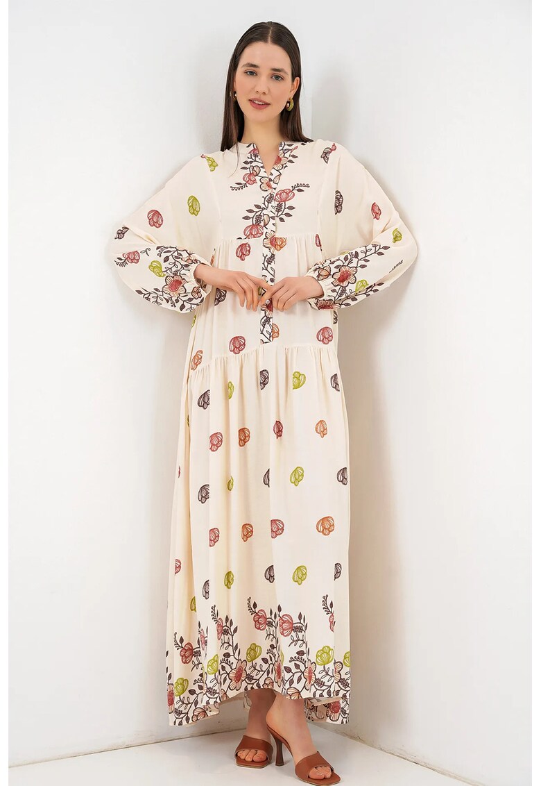 Rochie maxi decolteu in V - maneca lunga - bej - viscoza