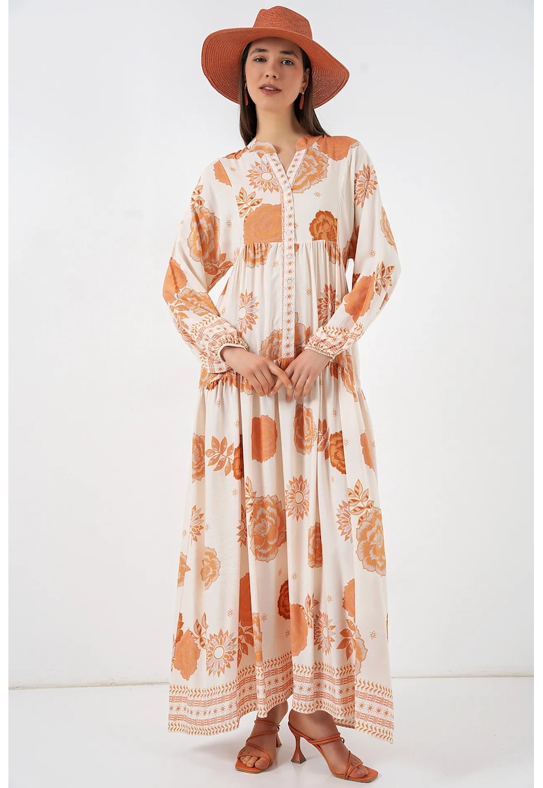 Rochie maxi decolteu in V - portocaliu - viscoza - maneca lunga