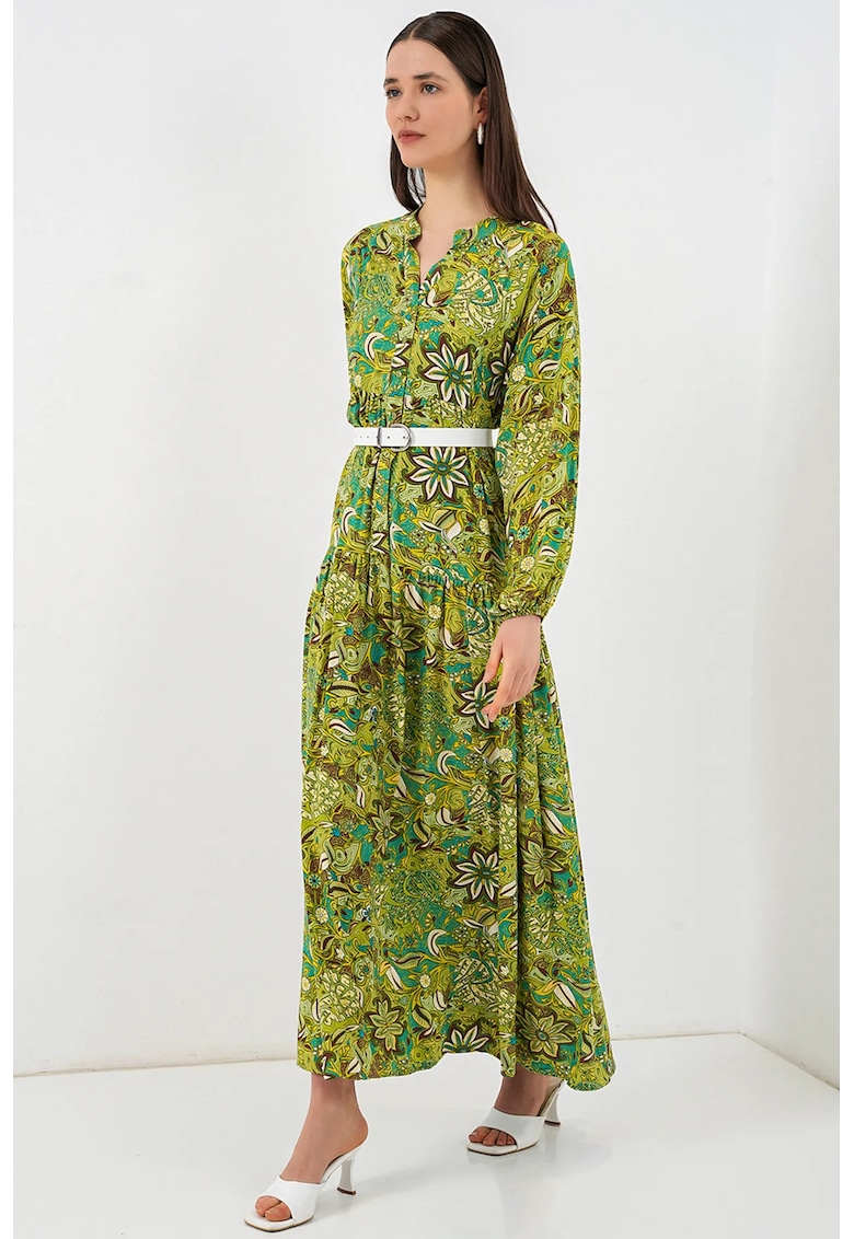 Rochie dama maxi decolteu in V - verde - viscoza - maneca lunga