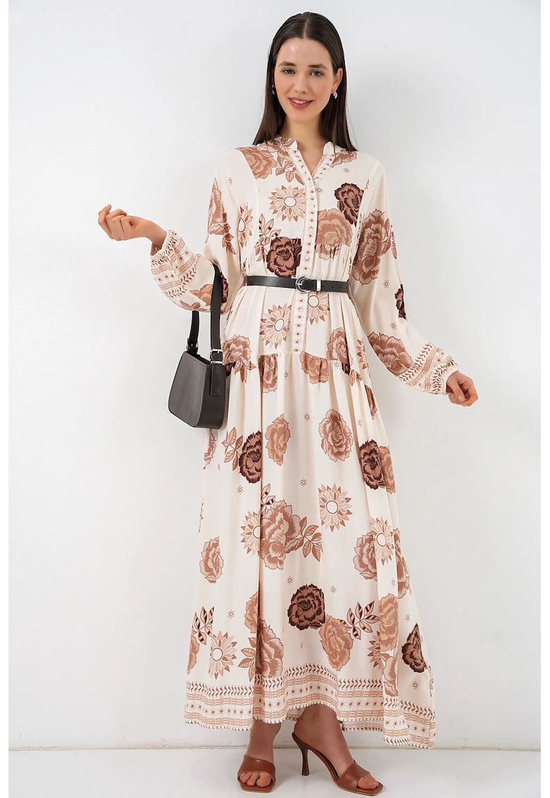 Rochie decolteu in V - maneca lunga - bej - viscoza