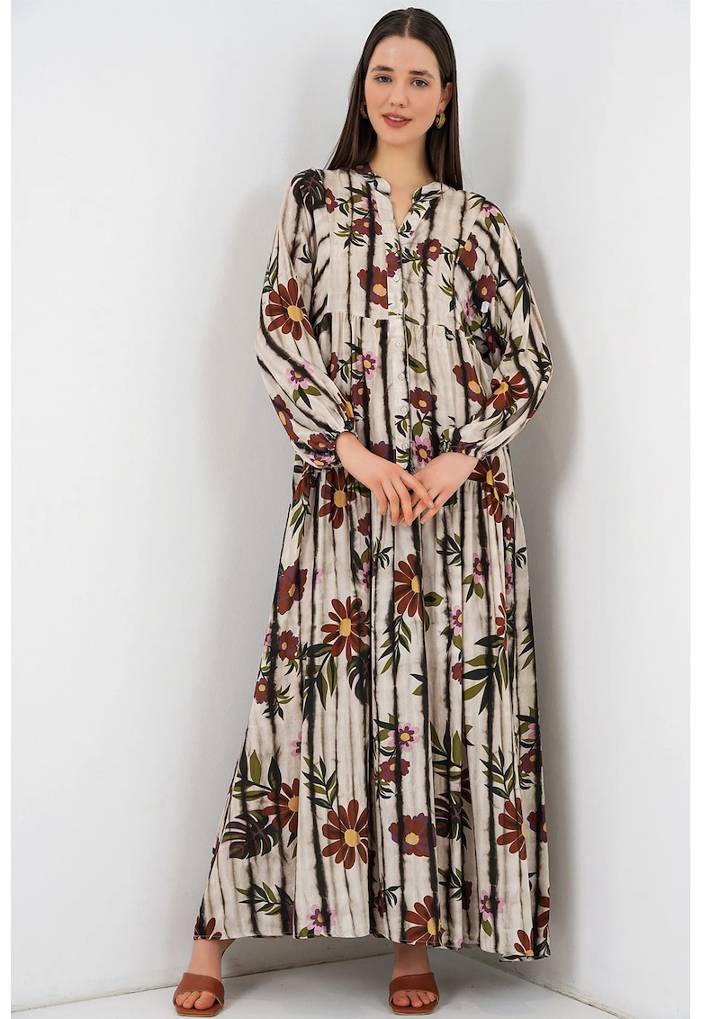 Rochie maxi imprimata - maneci lungi - maro - viscoza