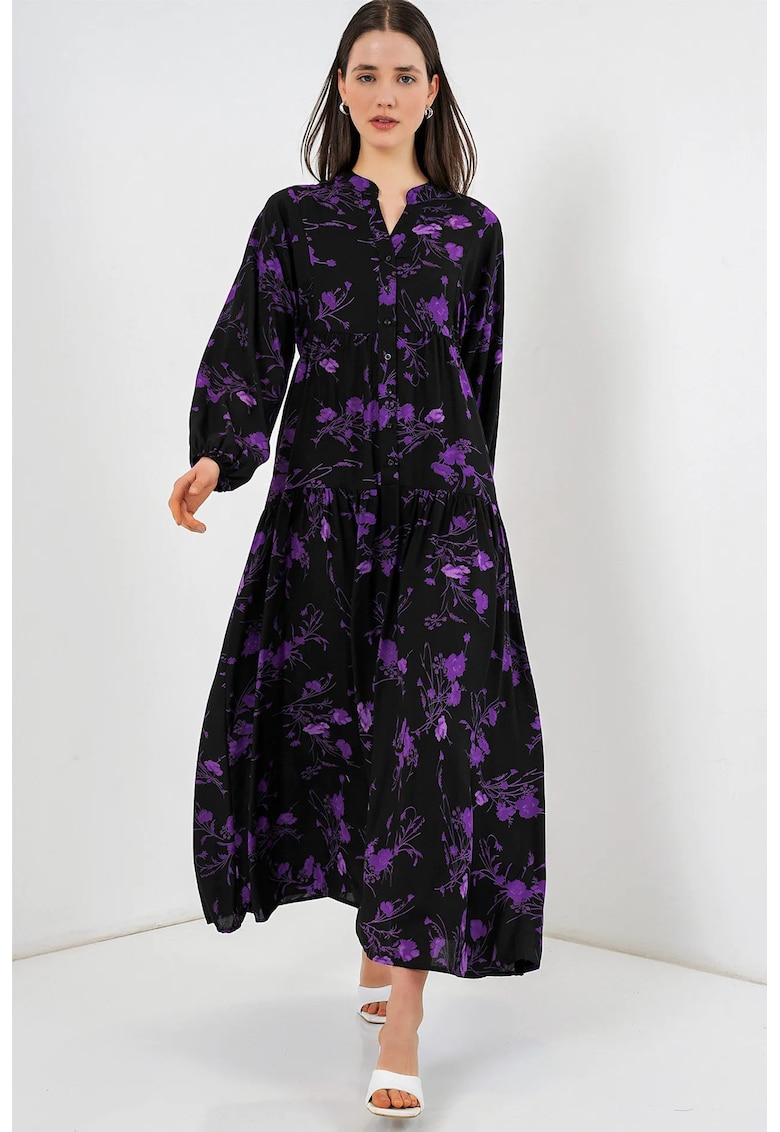 Rochie maxi imprimata - neagra - viscoza - maneca lunga