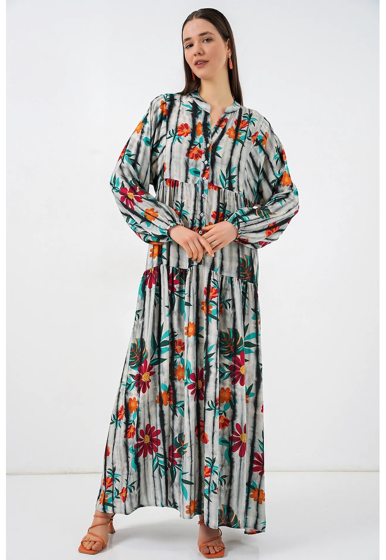 Rochie maxi decolteu in V - gri - viscoza - maneca lunga