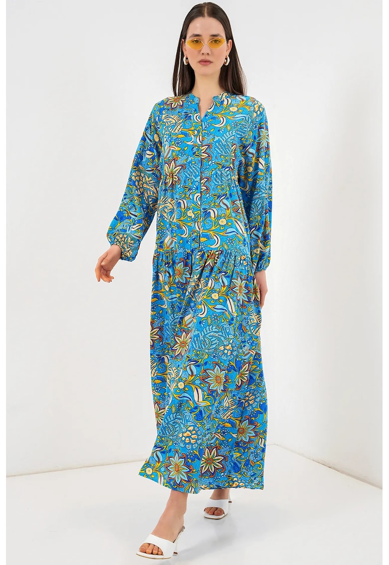 Rochie Maxi - Albastru - decolteu in V - maneca lunga - viscoza