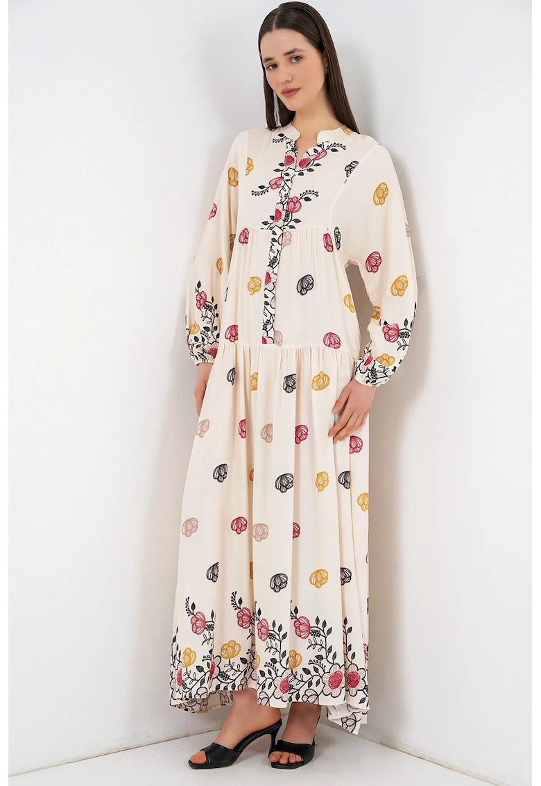 Rochie maxi decolteu in V - bej - 100% viscoza - maneca lunga