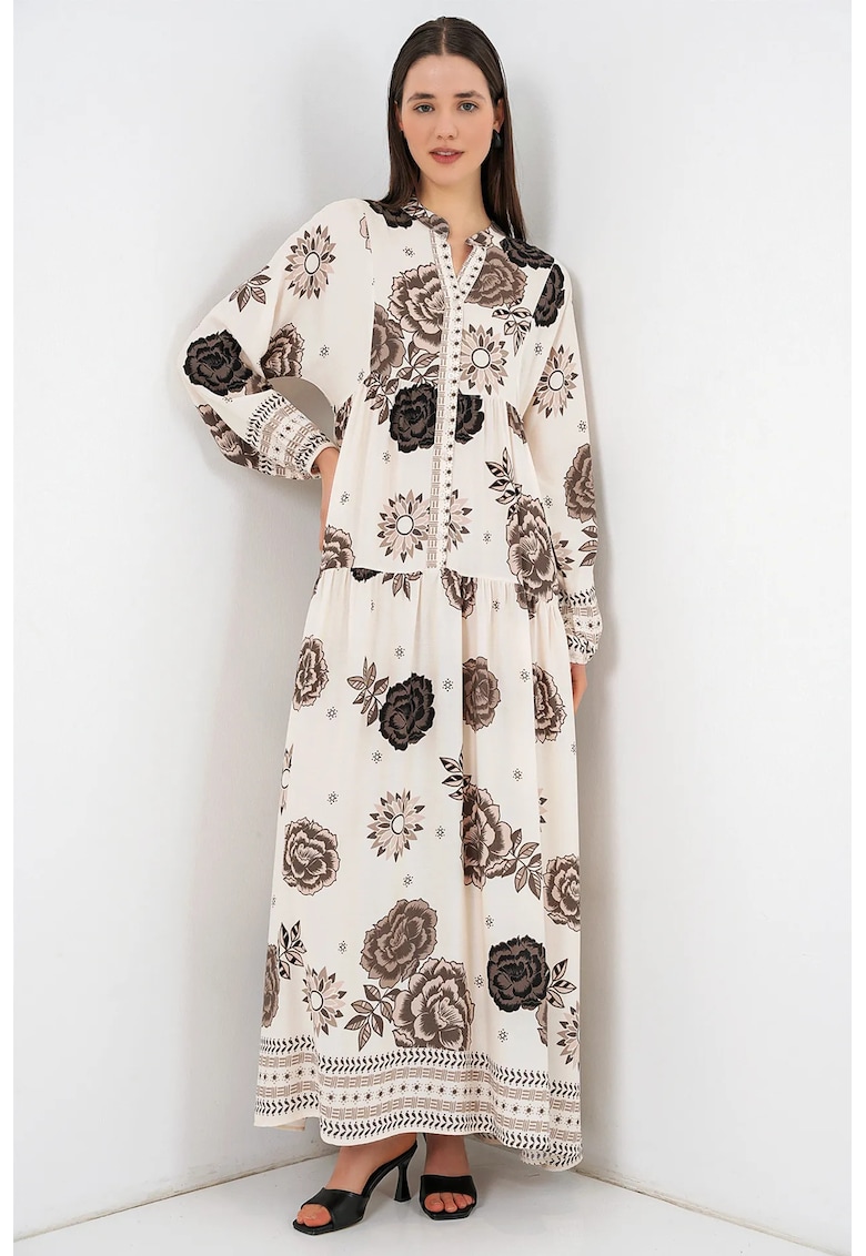 Rochie maxi imprimata - maneca lunga - bej - viscoza
