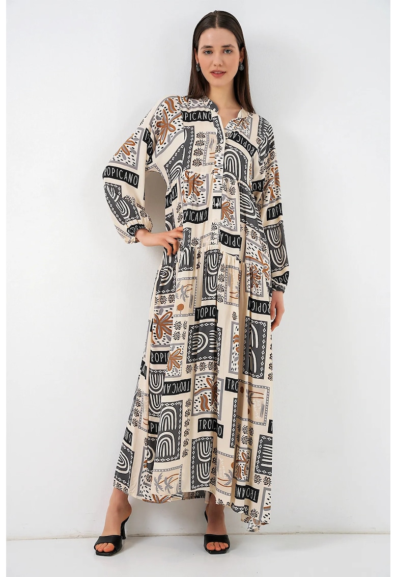 Rochie maxi bej - viscoza - maneca lunga