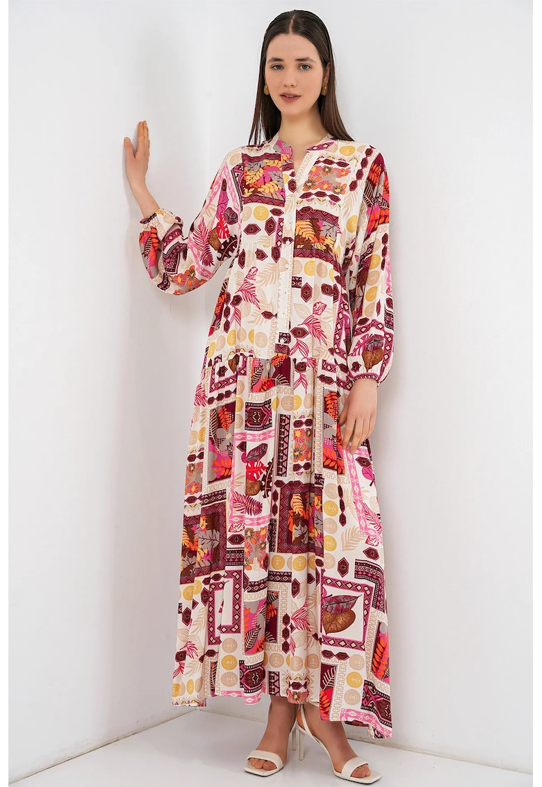Rochie maxi decolteu in V - portocalie - maneca lunga - 100% viscoza