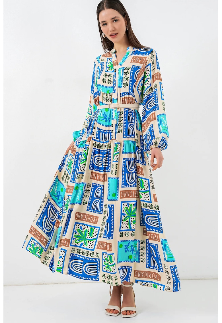 Rochie decolteu in V - albastru - viscoza - maneca lunga