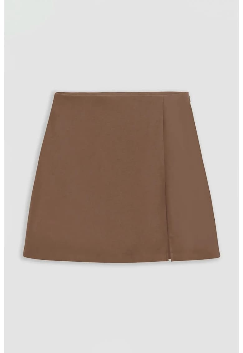 Fusta mini - talie inalta - slit - maro - bumbac-elastan-poliester