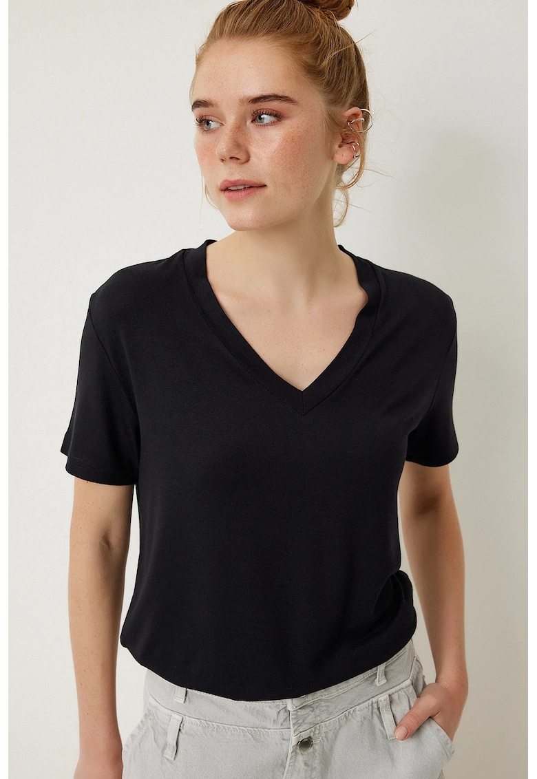 Tricouri dama - Happiness Istanbul - tricou simplu - decolteu in V - negru - viscoza-elastan -