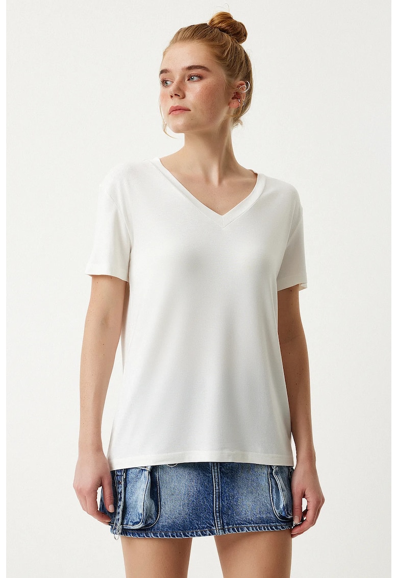Tricou dama - Happiness Istanbul - simplu - maneca scurta - alb - viscoza-elastan -