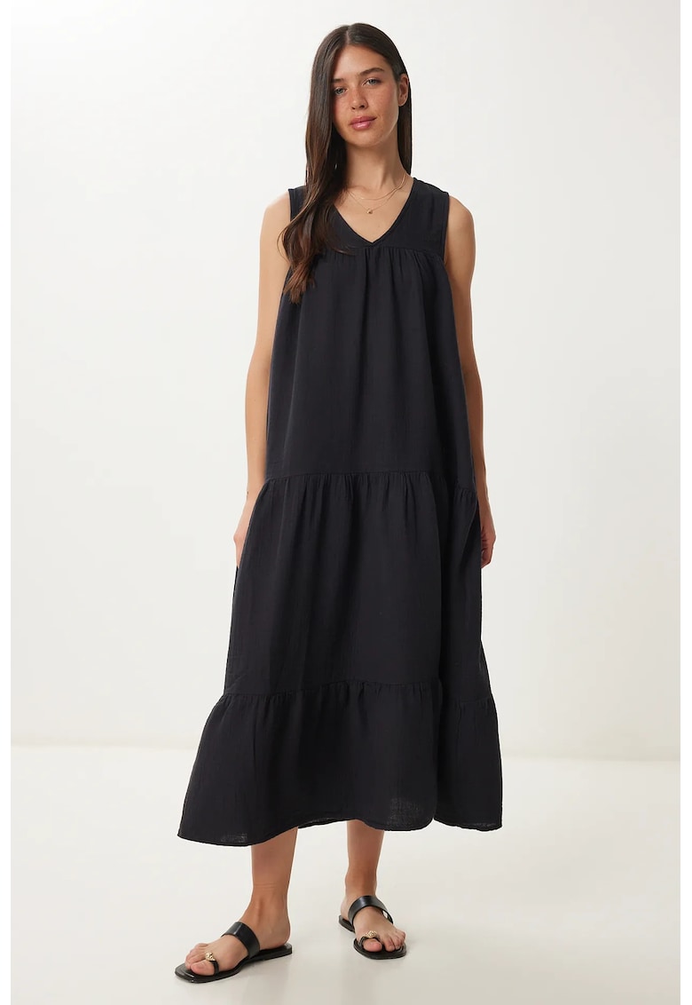 Rochie midi Happiness Istanbul - cu volane - decolteu in V - negru - bumbac