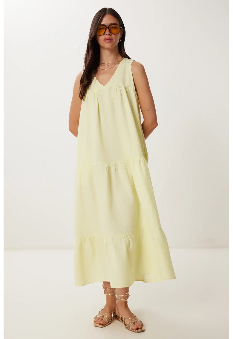 Rochie midi Happiness Istanbul - cu volane - decolteu in V - bumbac - Galben lamaie