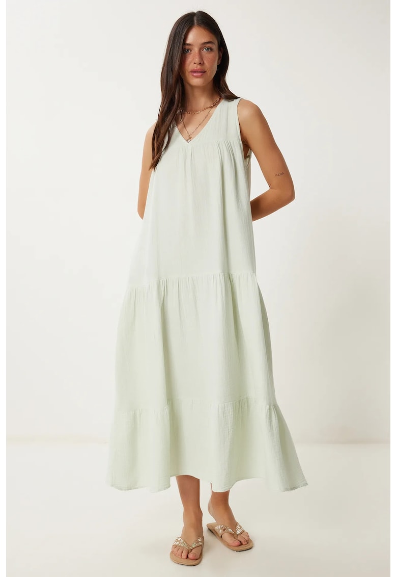 Rochie midi Happiness Istanbul - cu volane - verde menta - bumbac